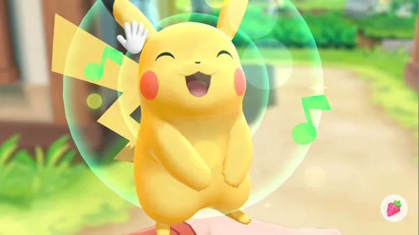 Screenshot of the yellow video game character Pikachu smiling and standing on a path with greenery in the background
