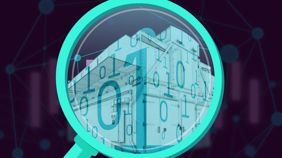 Graphic illustration of the corner of a building seen inside a magnifying glass, with 1s and 0s superimposed.