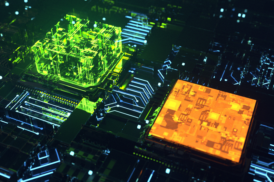 Photorealistic illustration of a black computer chip with electric blue circuits, and a lime green cubic GPU connected to an orange square CPU