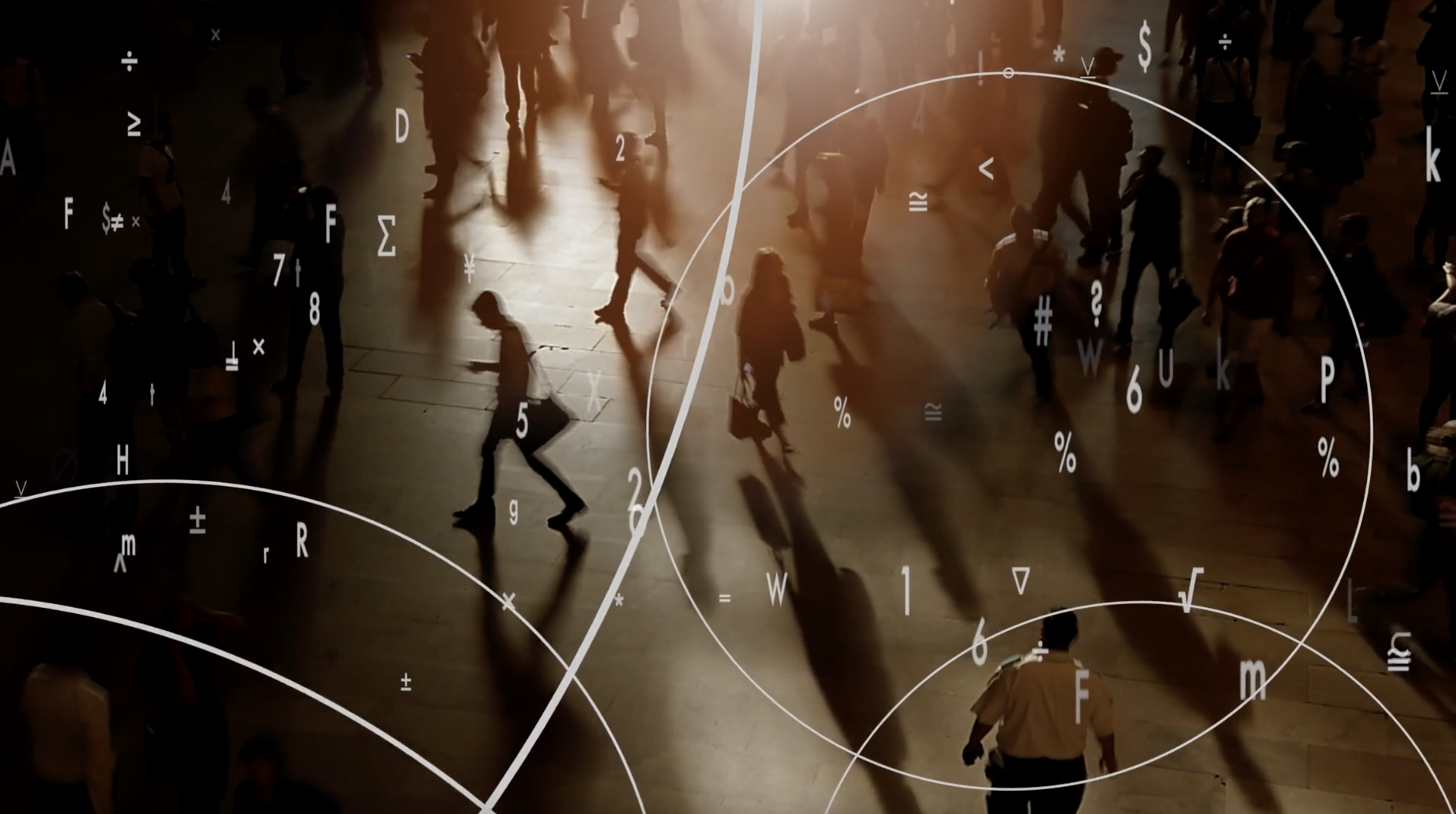 Surveillance image of people walking around with numbers and functions floating above them in circles