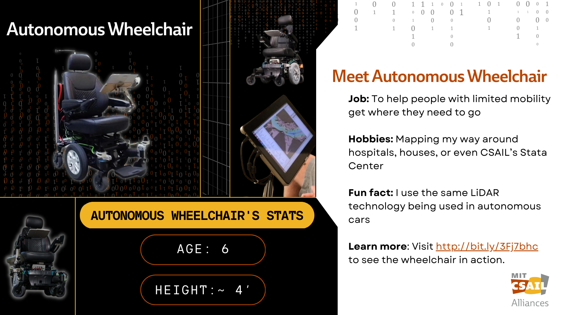 CSAIL Autonomous Wheelchair photo collage; with text that reads "Autonomous Wheelchair"