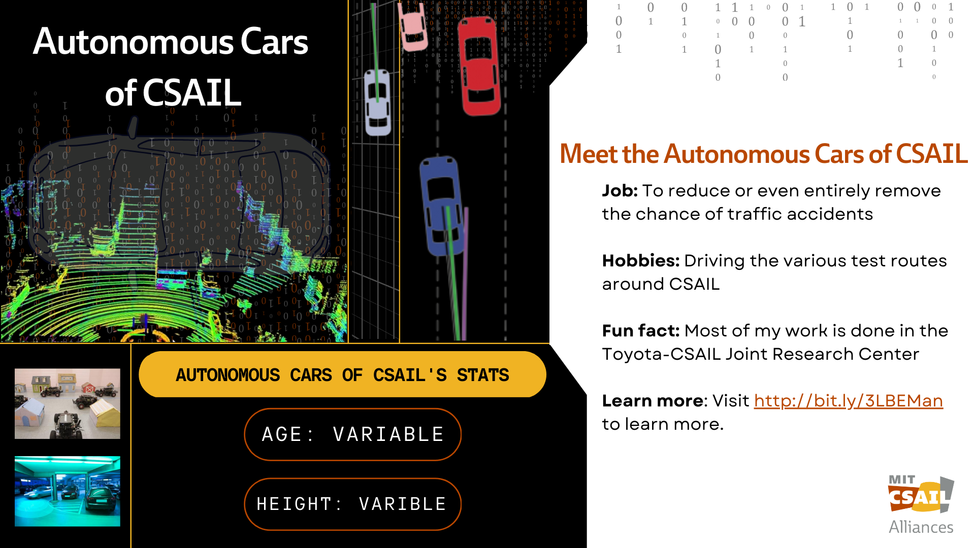 Collage of autonomous car vector graphics and robot photos; with text that reads "Autonomous Cars of CSAIL"