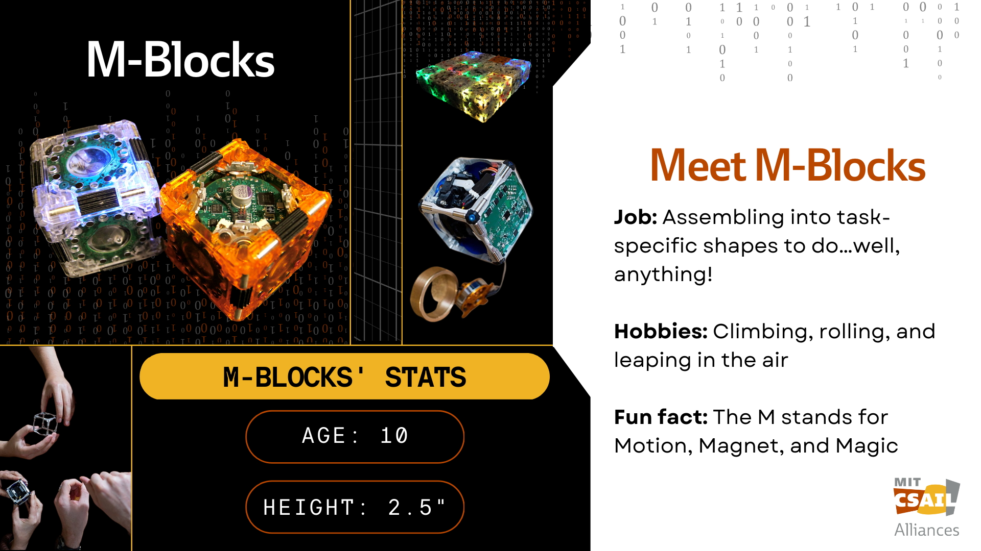 Mblocks robotic cubes with text that reads "M-Blocks"