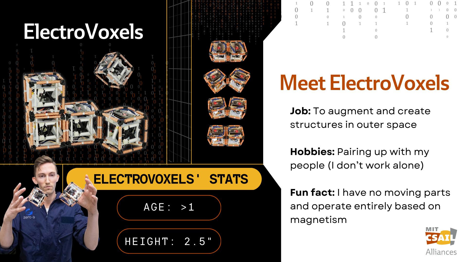 Electrovoxel robotic shapeshifting cubes, in a photo collage with text that reads "Electrovoxels"