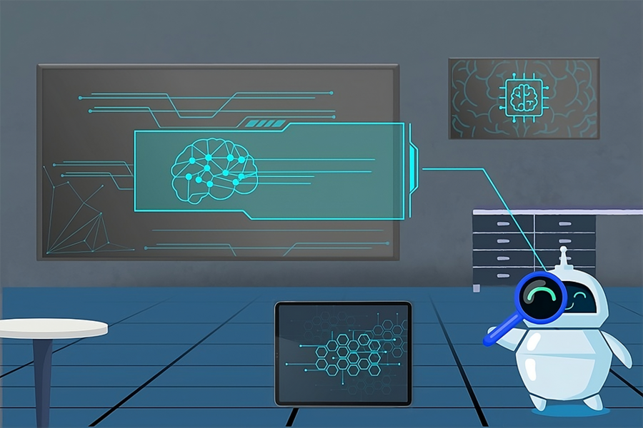 alt="Digital illustration of a white robot with a magnifying glass, looking at a circuit-style display of a battery with a brain icon. The room resembles a lab with a white table, and there are two tech-themed displays on the wall showing abstract neural structures in glowing turquoise. A wire connects the robot's magnifying glass to the larger display. "