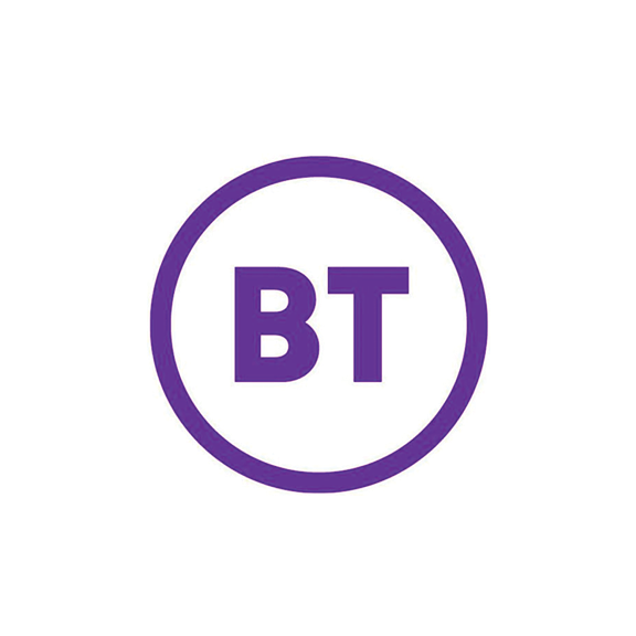 BT logo in purple font