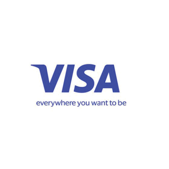 Visa logo in blue font with tagline "everywhere you want to be"