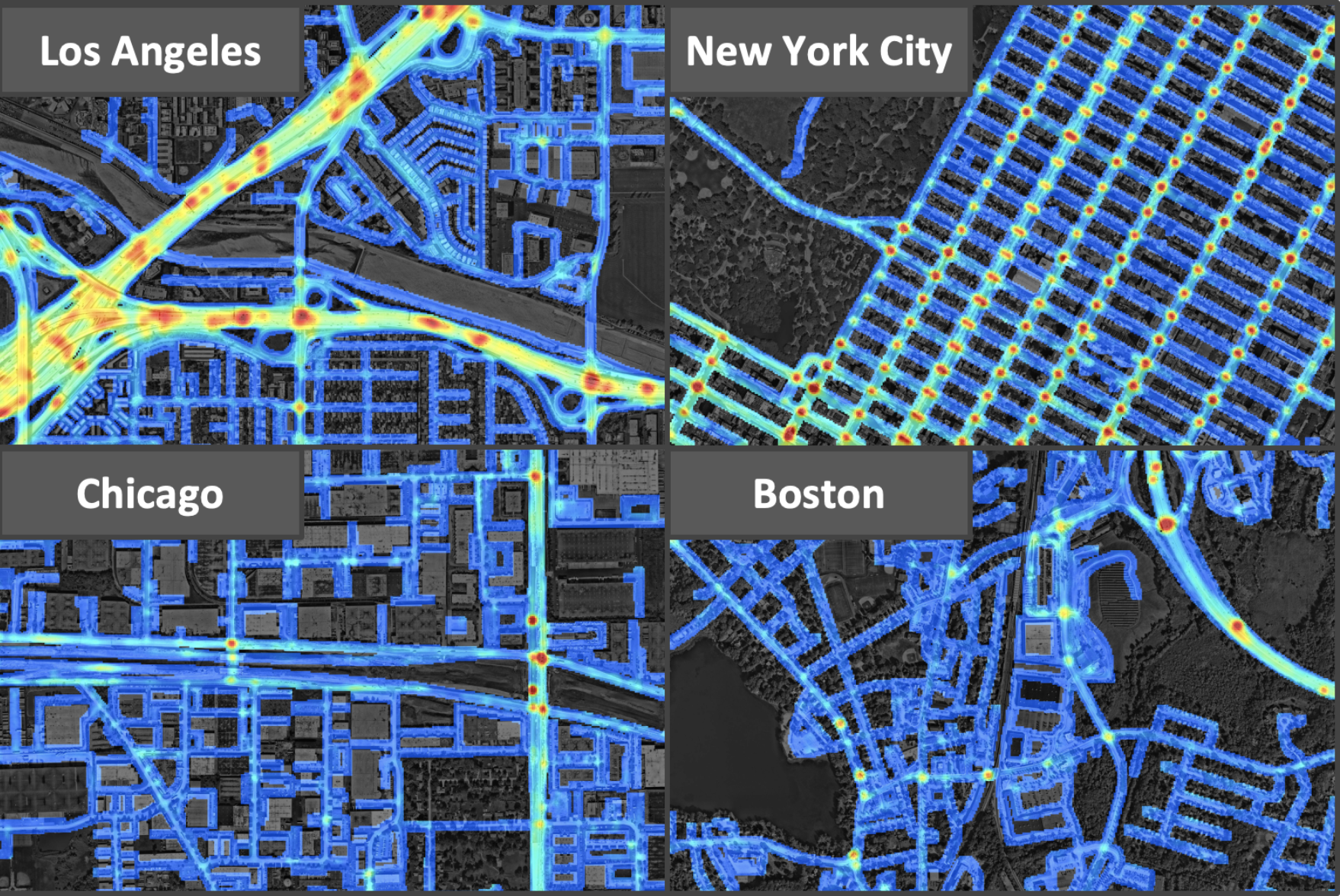 Traffic maps of LA, NYC, Chicago and Boston in a two by two grid