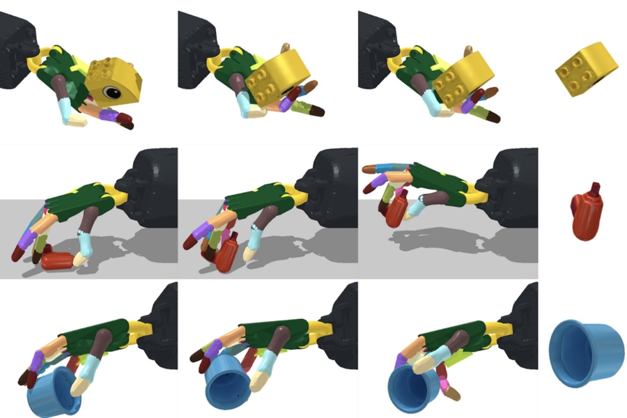 Three rows of three robotic hands showing how the hand can manipulate the object from different positions both up and down