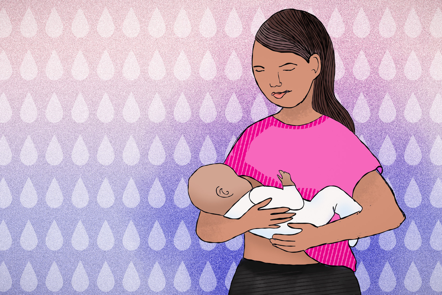 Illustration shows a parent in pink blouse breast-feeding their child, with a droplet pattern in background