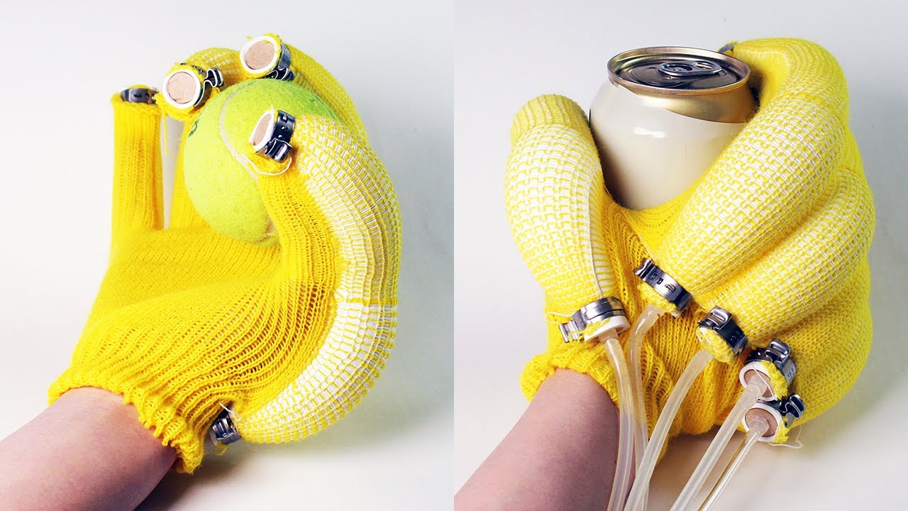 photos showing an assistive glove, a soft hand, and a pneumatic quadropedal robot. The fingers of the glove and hand look like bananas.