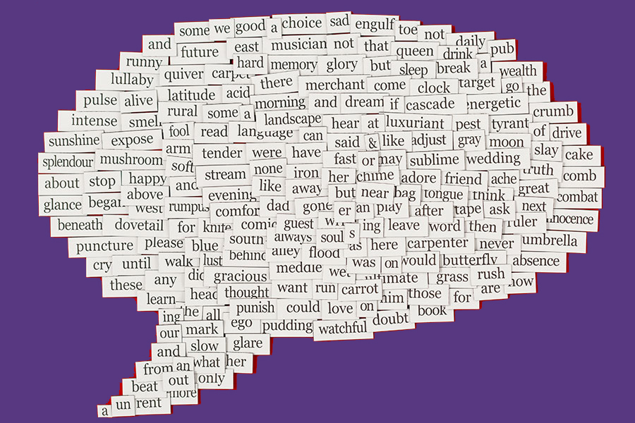 Image of a collection of refrigerator magnetic poetry words arranged in the shape of a speech balloon