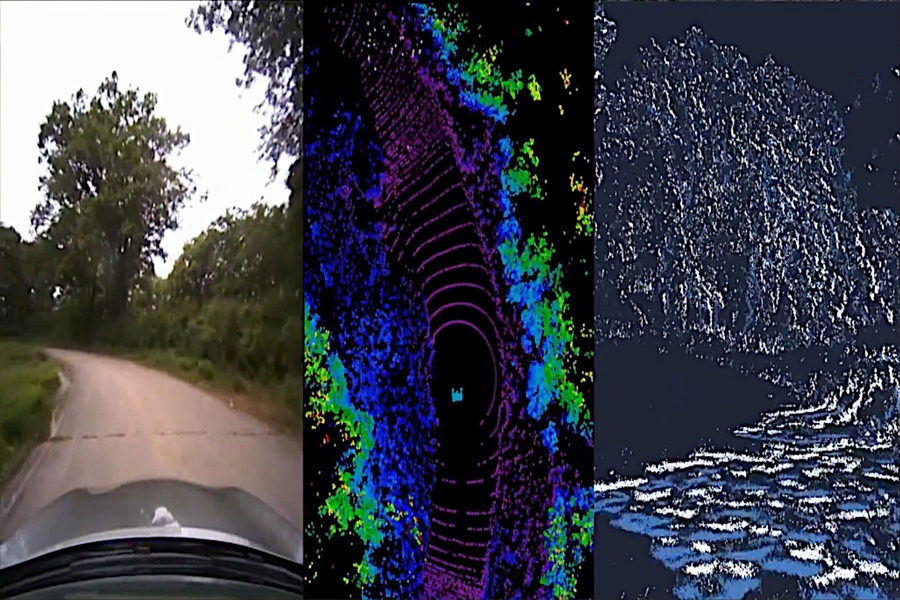 Three images show a driver’s eye view from a car moving down a road; an overhead computerized view; and a pixellated 3D view as the car itself perceives the road
