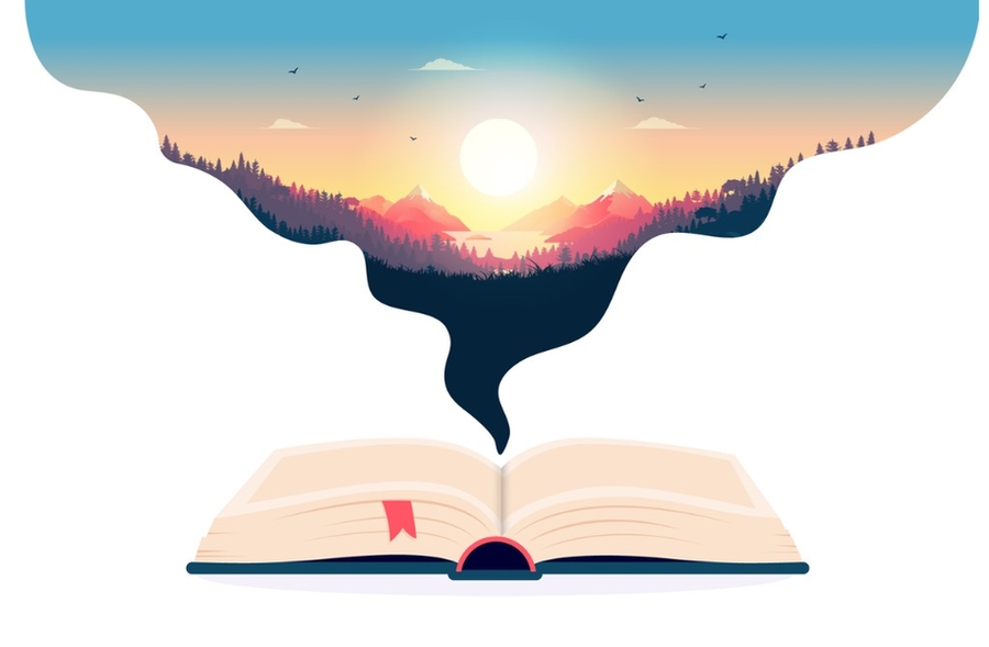 Illustration of a thought cloud emanating from an open book. Inside the cloud is an idyllic image of a sunset landscape.