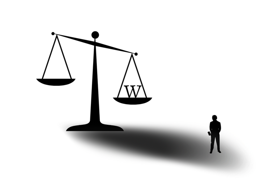 Black and white illustration features a silhouetted person holding a gavel, who stands in the shadow of a large legal scale, one side of which is weighed down by a W representing the Wikipedia logo