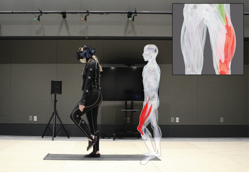 A woman wearing a motion-capture suit and virtual reality headset walks on a mat. To her right is a virtual representation of a body highlighting the muscles in use.