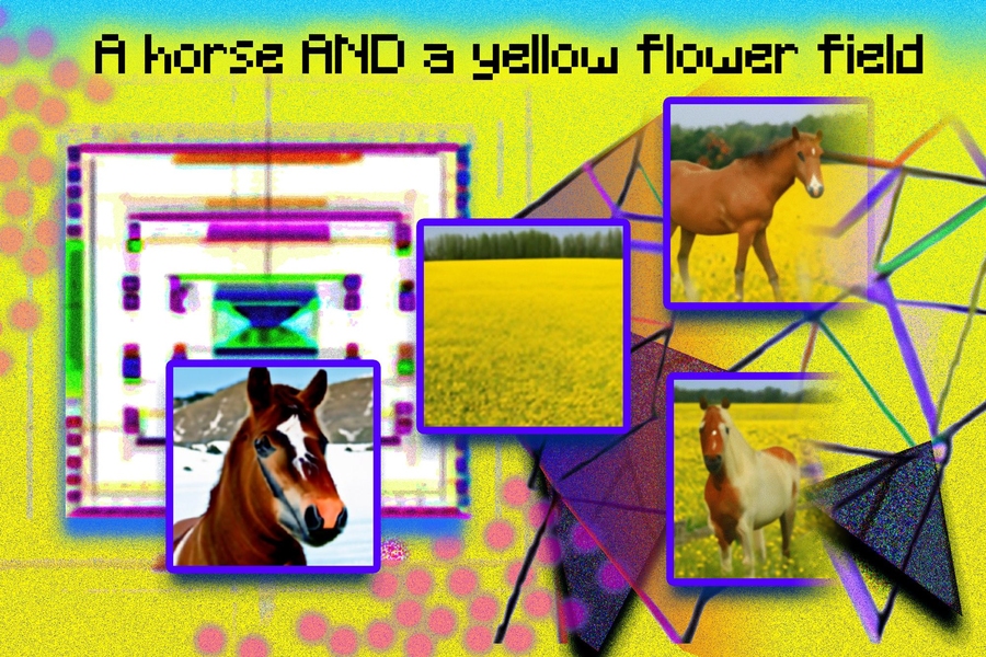 Colorful graphic with several images of a horse, a yellow field, and horses standing in yellow fields, with the text “a horse AND a yellow flower field,” on top.