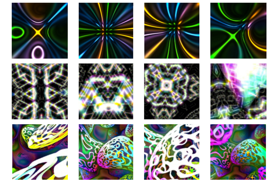 3 rows of 4 images each show abstract images. Top row looks like colorful neon lights on black background; middle row is like glowing kaleidoscopes, and bottom row is like meshy rainbow brains.