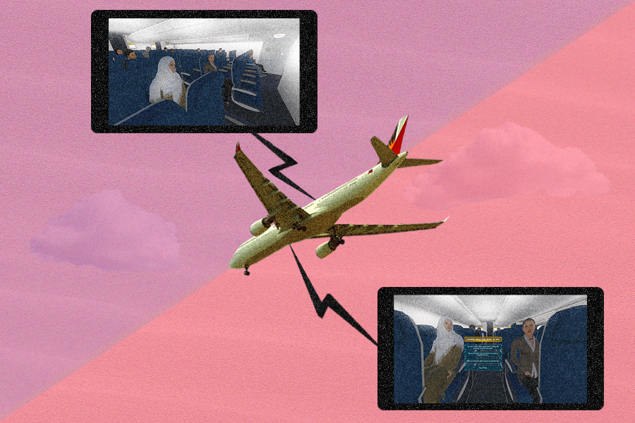 Two iPads displaying a girl wearing a hijab seated on a plane are on either side of an image of a plane in flight.