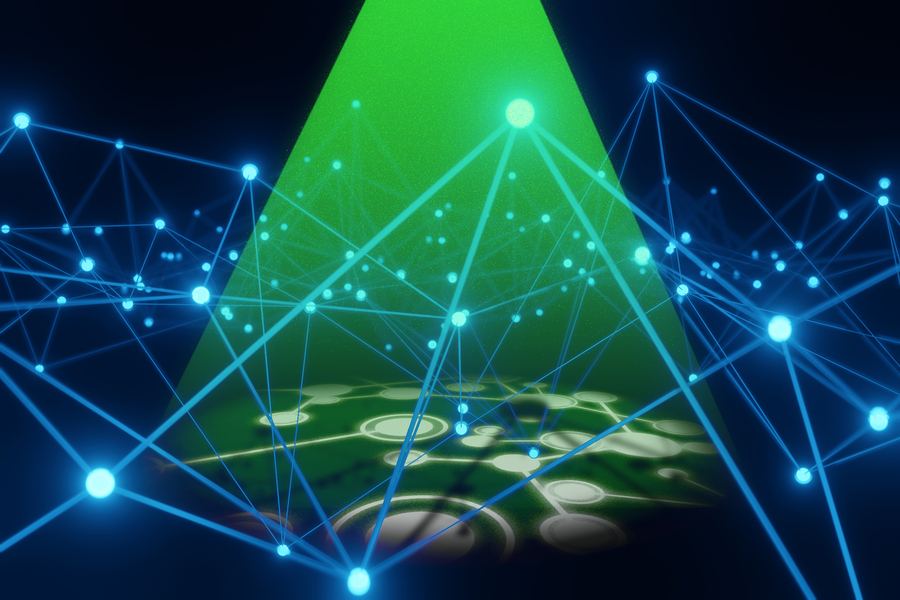 A blue neural network is in a dark void. A green spotlight shines down on the network and reveals a hidden layer underneath. The green light shows a new, white neural network below.