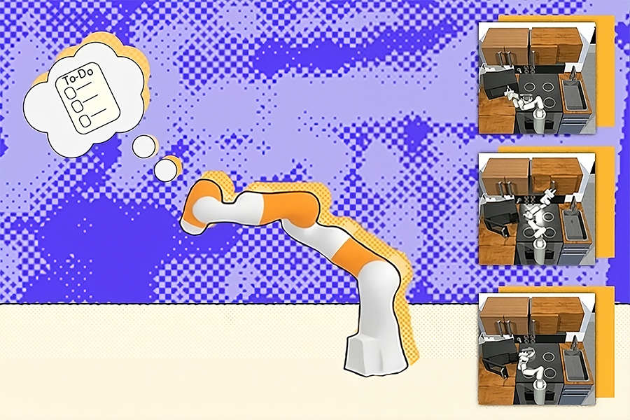 alt="The HiP framework developed at MIT CSAIL develops detailed plans for robots using the expertise of three different foundation models, helping it execute tasks in households, factories, and construction that require multiple steps (Credits: Alex Shipps/MIT CSAIL)."