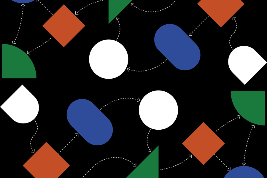 alt="Simple shapes like circles and squares are connected by dotted lines, against a black background."