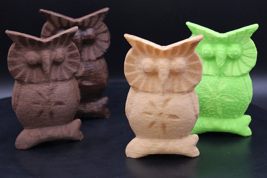 alt="Speed-modulated ironing enables makers to fabricate objects with varied colors and textures, like the owls pictured here, using only one material with high precision. The technique is faster and produces less waste than other methods (Credits: Courtesy of the researchers)."