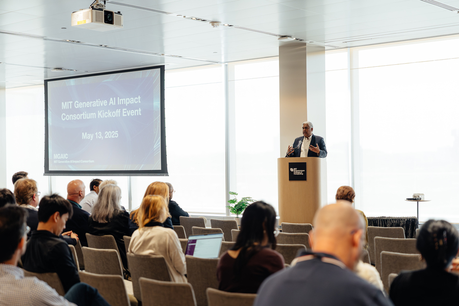 Anantha P. Chandrakasan, chief innovation and strategy officer and dean of the School of Engineering who is head of the consortium, kicks off afternoon MIT Generative AI Impact Consortium (MGAIC) presentations (Credits: Jiin Kang).