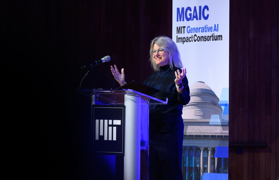 MIT President Sally Kornbluth said that the world is counting on faculty, researchers, and business leaders like those in MGAIC to tackle the technological and ethical challenges of generative AI as the technology advances (Credit: Gretchen Ertl).