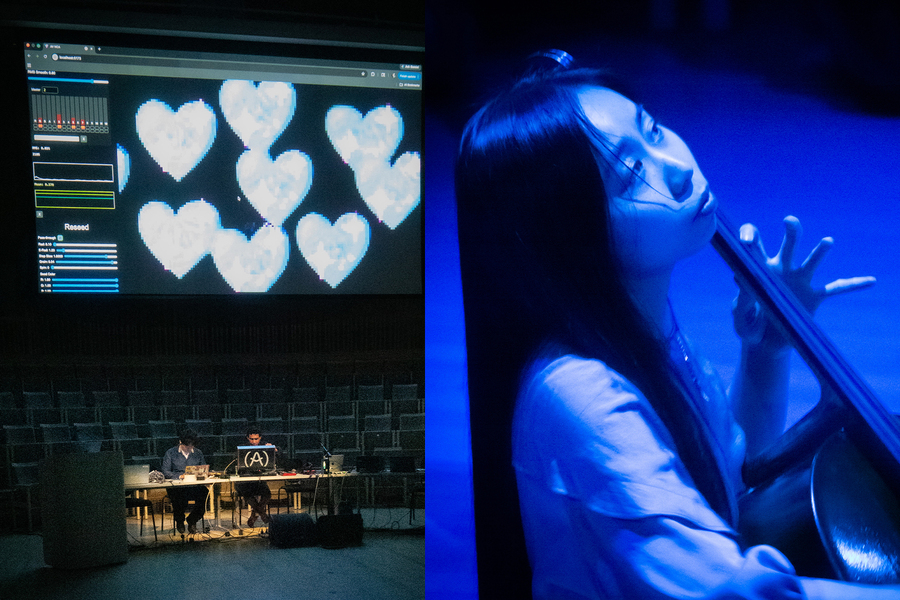 Split image: Left shows two people at a desk with a large screen displaying digital blue hearts; right shows a person playing a cello, illuminated by blue light"