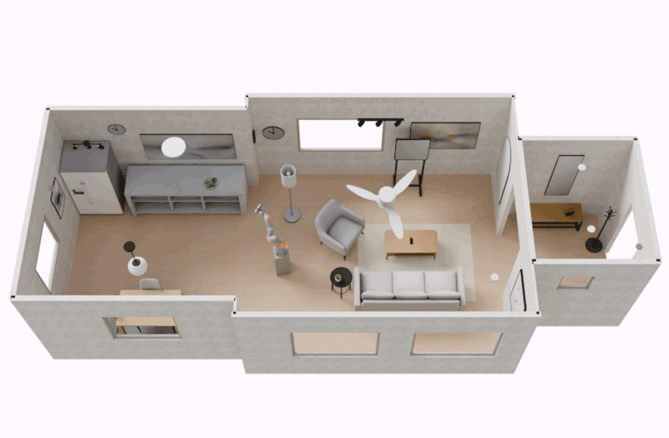 Animation of a robot, in the form of an arm on a wheeled box, working in a kitchen, seen from above