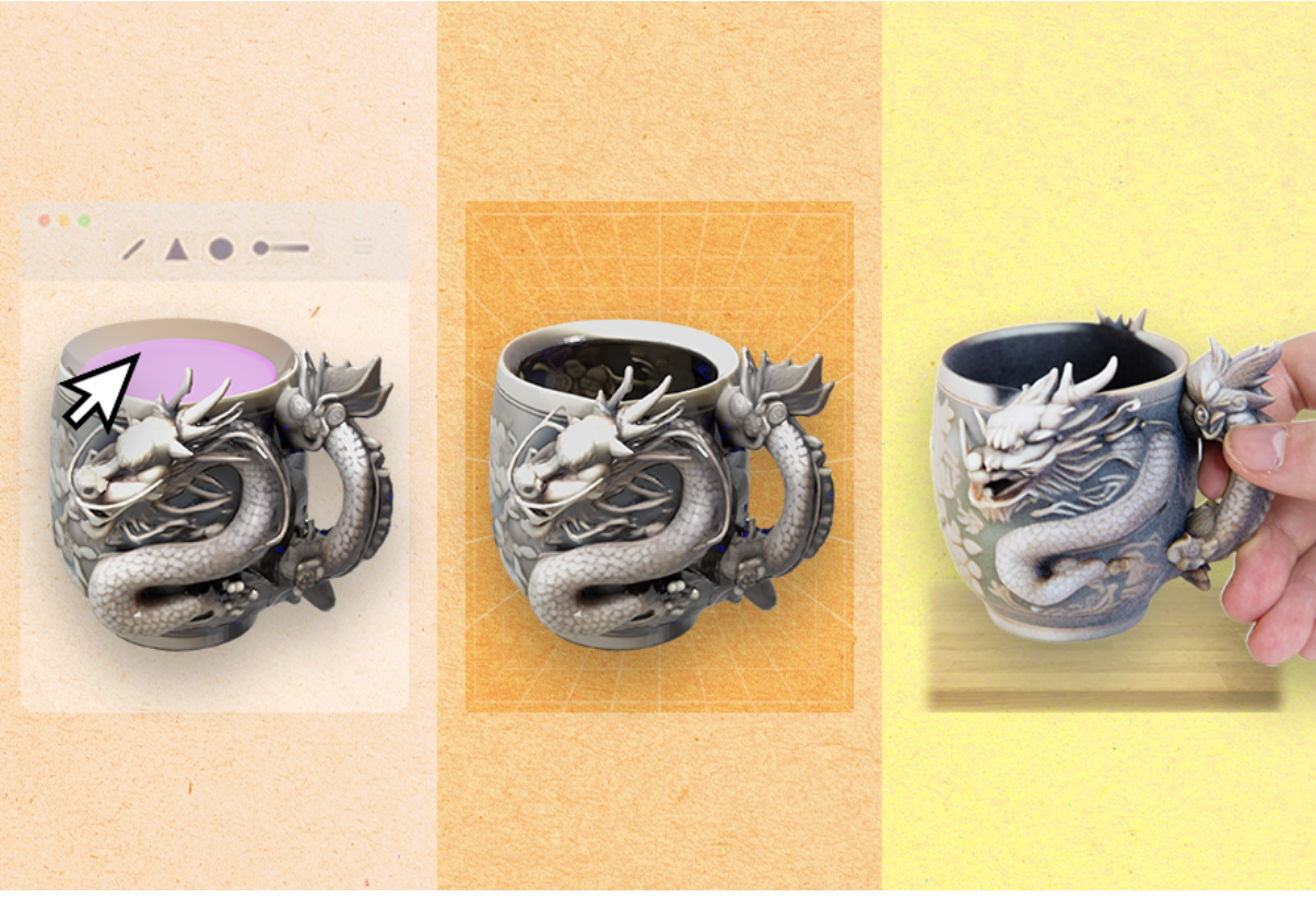 The tool can be prompted to generate a 3D design for a mug, for instance, and users can then highlight specific parts of the blueprint they’d like refined before 3D printing (Credit: Alex Shipps/MIT CSAIL, using assets from the researchers and Adobe Stock).